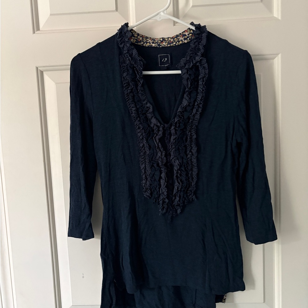 Anthropologie Navy Ruffled Blouse
